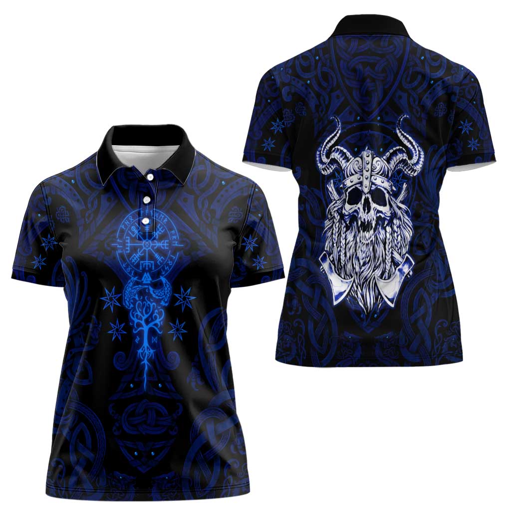 Vikings Skull Women Polo Shirt with Horned Helmet, Blue Axes and Runes Norse Warrior Tribute - Wonder Print Shop
