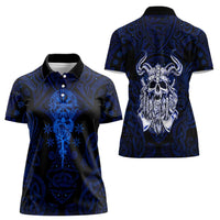Vikings Skull Women Polo Shirt with Horned Helmet, Blue Axes and Runes Norse Warrior Tribute - Wonder Print Shop