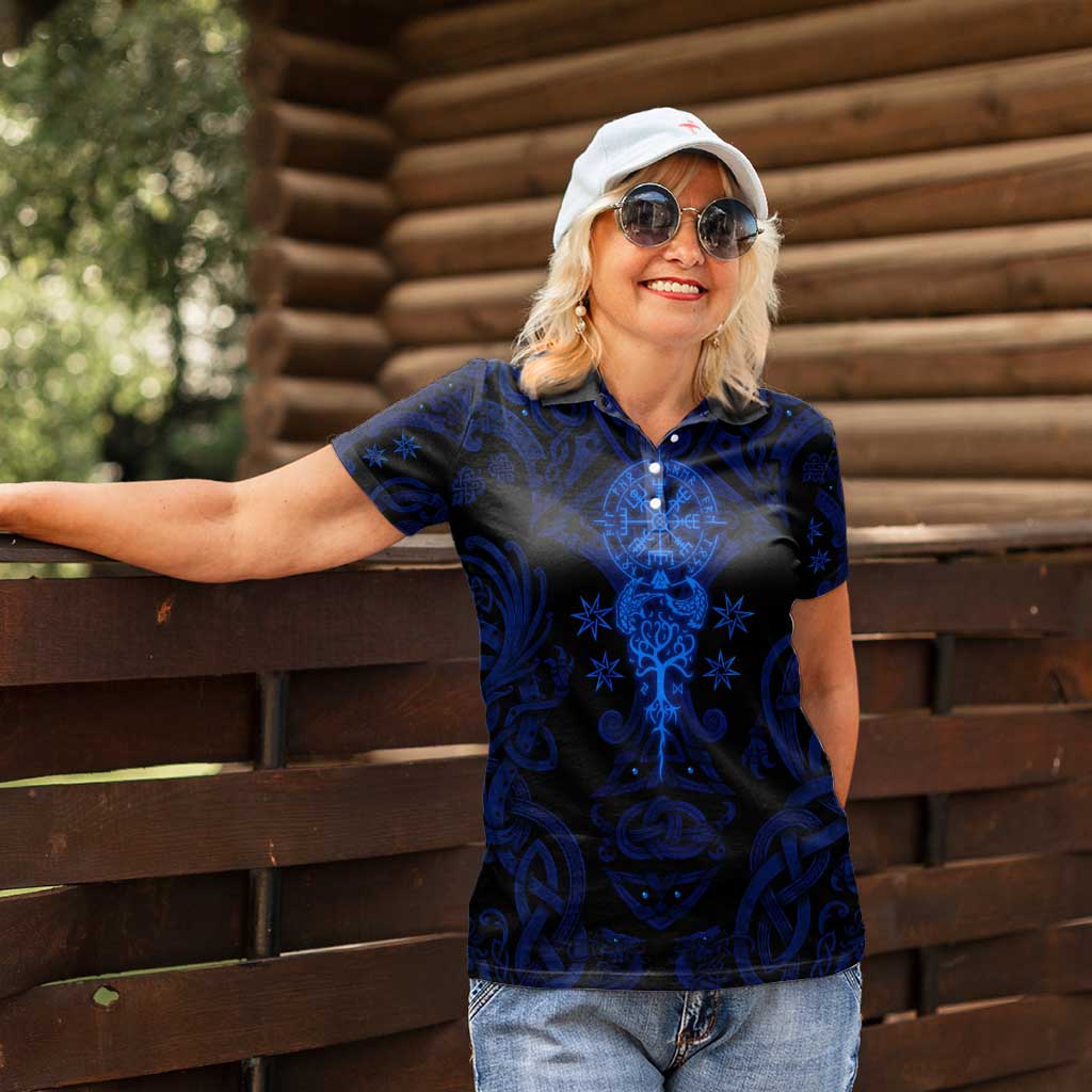 Vikings Skull Women Polo Shirt with Horned Helmet, Blue Axes and Runes Norse Warrior Tribute - Wonder Print Shop