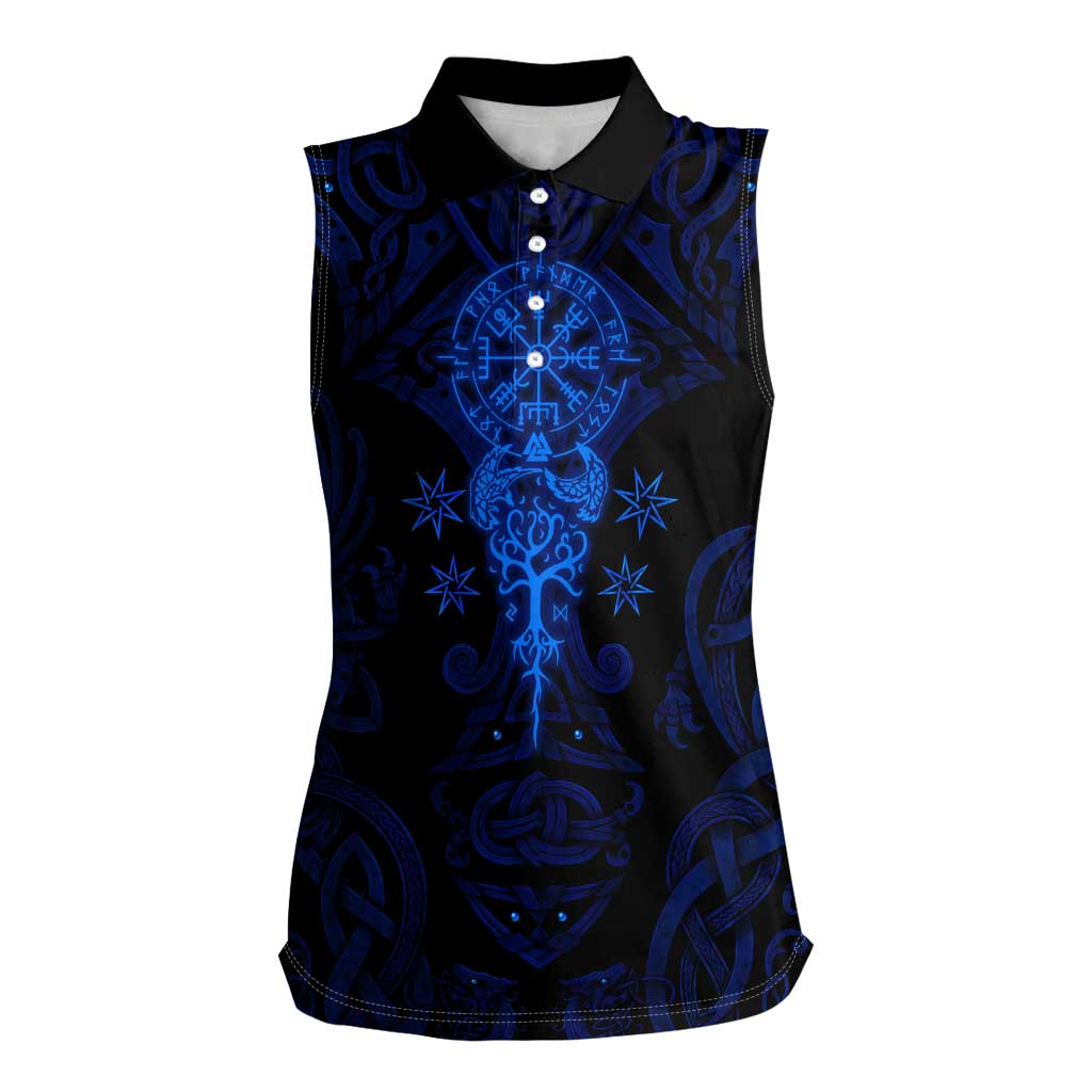 Vikings Skull Women Sleeveless Polo Shirt with Horned Helmet, Blue Axes and Runes Norse Warrior Tribute - Wonder Print Shop