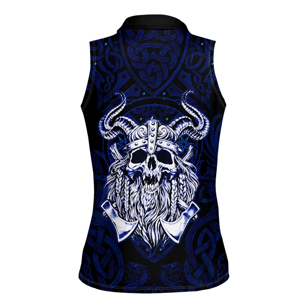 Vikings Skull Women Sleeveless Polo Shirt with Horned Helmet, Blue Axes and Runes Norse Warrior Tribute - Wonder Print Shop