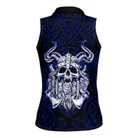 Vikings Skull Women Sleeveless Polo Shirt with Horned Helmet, Blue Axes and Runes Norse Warrior Tribute - Wonder Print Shop