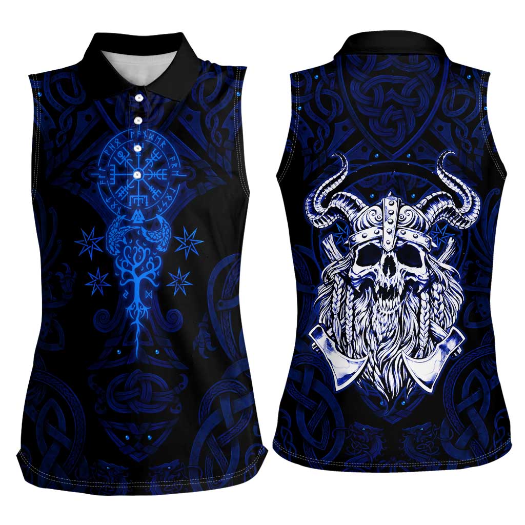 Vikings Skull Women Sleeveless Polo Shirt with Horned Helmet, Blue Axes and Runes Norse Warrior Tribute - Wonder Print Shop