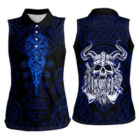 Vikings Skull Women Sleeveless Polo Shirt with Horned Helmet, Blue Axes and Runes Norse Warrior Tribute - Wonder Print Shop