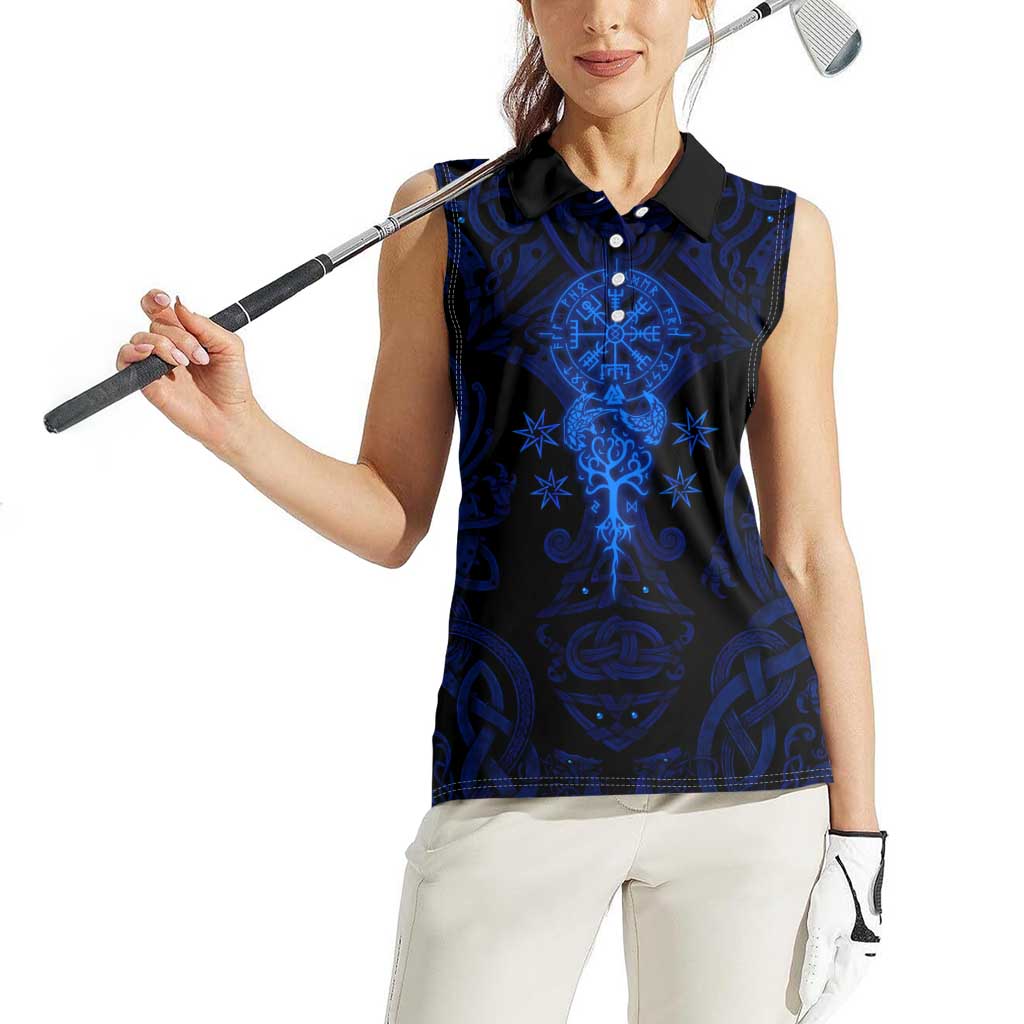 Vikings Skull Women Sleeveless Polo Shirt with Horned Helmet, Blue Axes and Runes Norse Warrior Tribute - Wonder Print Shop