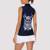 Vikings Skull Women Sleeveless Polo Shirt with Horned Helmet, Blue Axes and Runes Norse Warrior Tribute - Wonder Print Shop