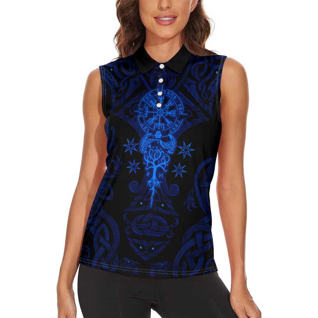 Vikings Skull Women Sleeveless Polo Shirt with Horned Helmet, Blue Axes and Runes Norse Warrior Tribute - Wonder Print Shop