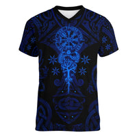 Vikings Skull Women V-Neck T-Shirt with Horned Helmet, Blue Axes and Runes Norse Warrior Tribute - Wonder Print Shop