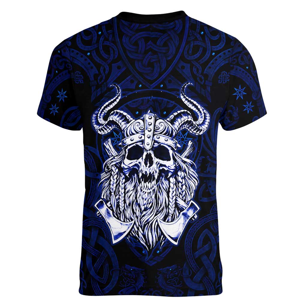 Vikings Skull Women V-Neck T-Shirt with Horned Helmet, Blue Axes and Runes Norse Warrior Tribute - Wonder Print Shop