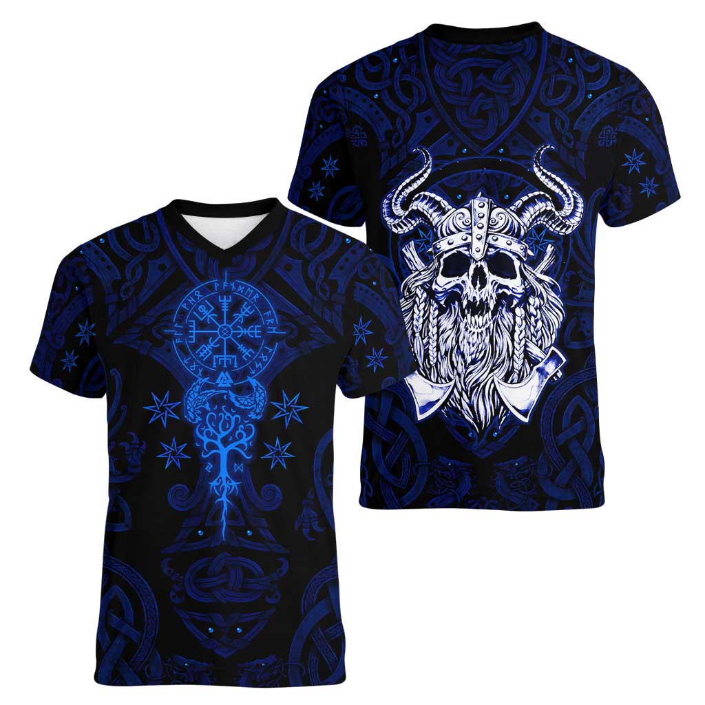 Vikings Skull Women V-Neck T-Shirt with Horned Helmet, Blue Axes and Runes Norse Warrior Tribute - Wonder Print Shop