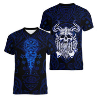 Vikings Skull Women V-Neck T-Shirt with Horned Helmet, Blue Axes and Runes Norse Warrior Tribute - Wonder Print Shop