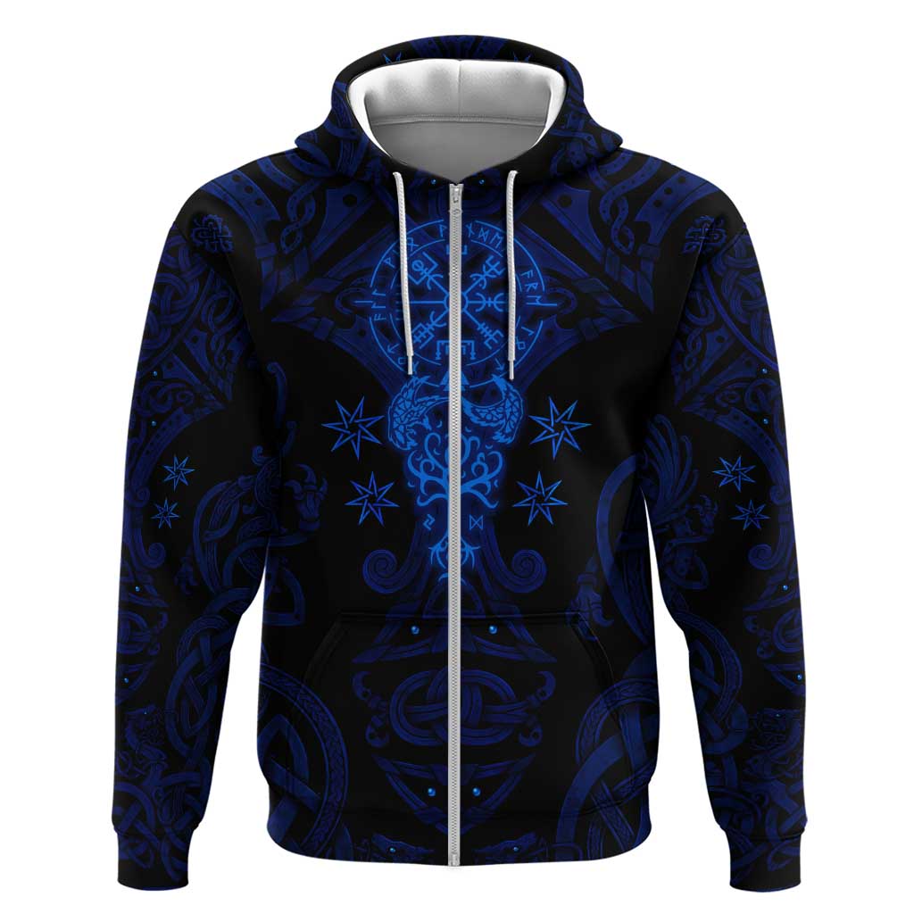 Vikings Skull Zip Hoodie with Horned Helmet, Blue Axes and Runes Norse Warrior Tribute - Wonder Print Shop