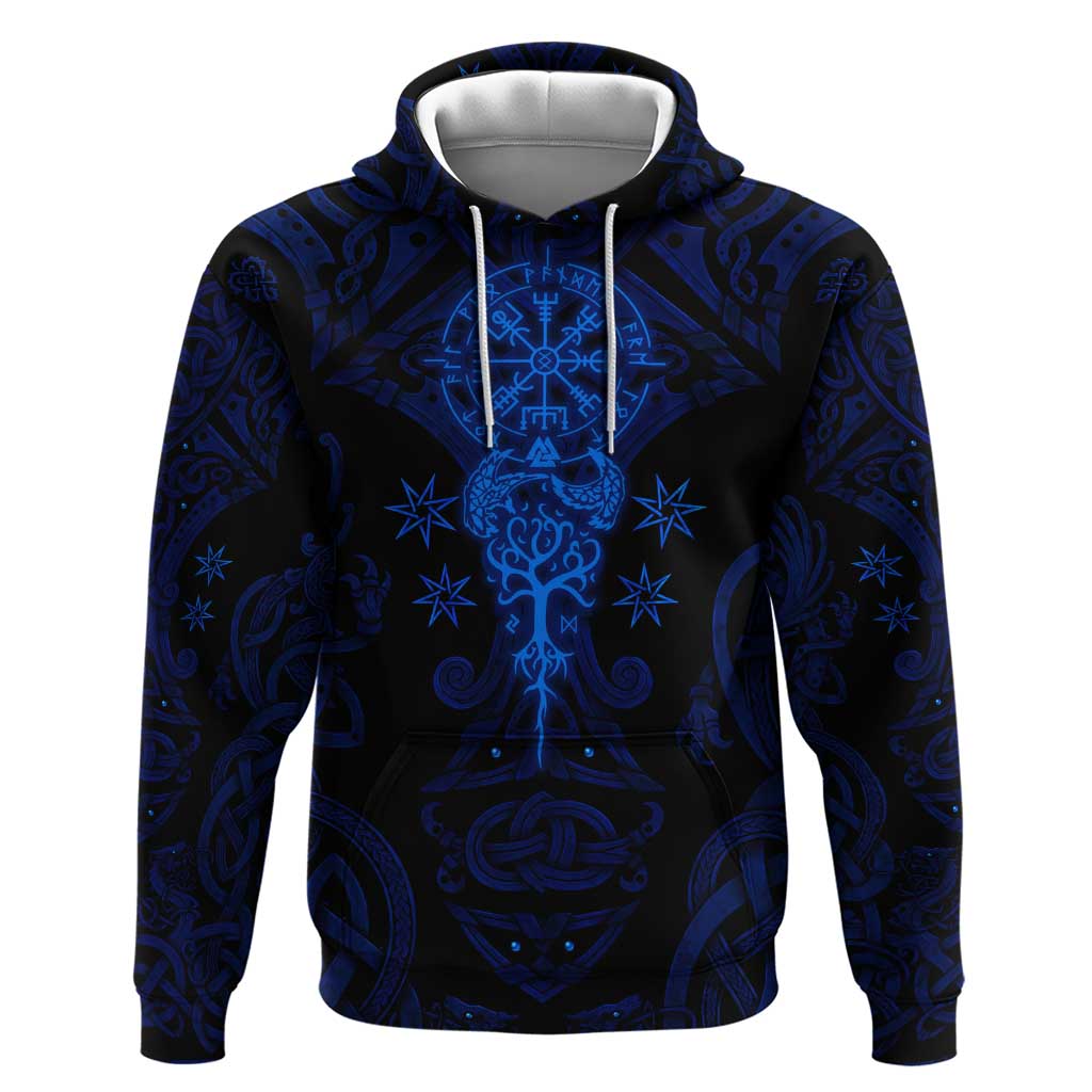 Vikings Skull Zip Hoodie with Horned Helmet, Blue Axes and Runes Norse Warrior Tribute - Wonder Print Shop