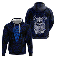 Vikings Skull Zip Hoodie with Horned Helmet, Blue Axes and Runes Norse Warrior Tribute - Wonder Print Shop