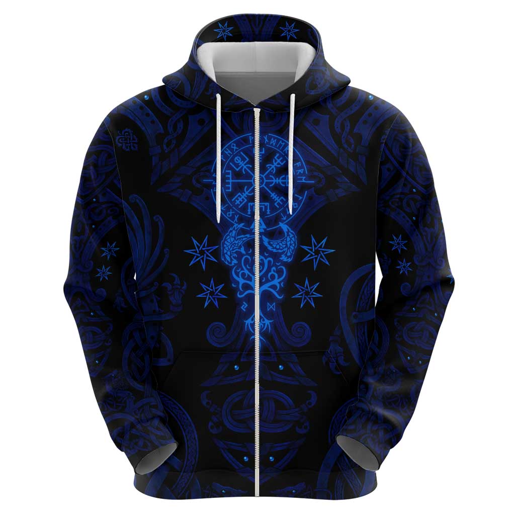 Vikings Skull Zip Hoodie with Horned Helmet, Blue Axes and Runes Norse Warrior Tribute - Wonder Print Shop