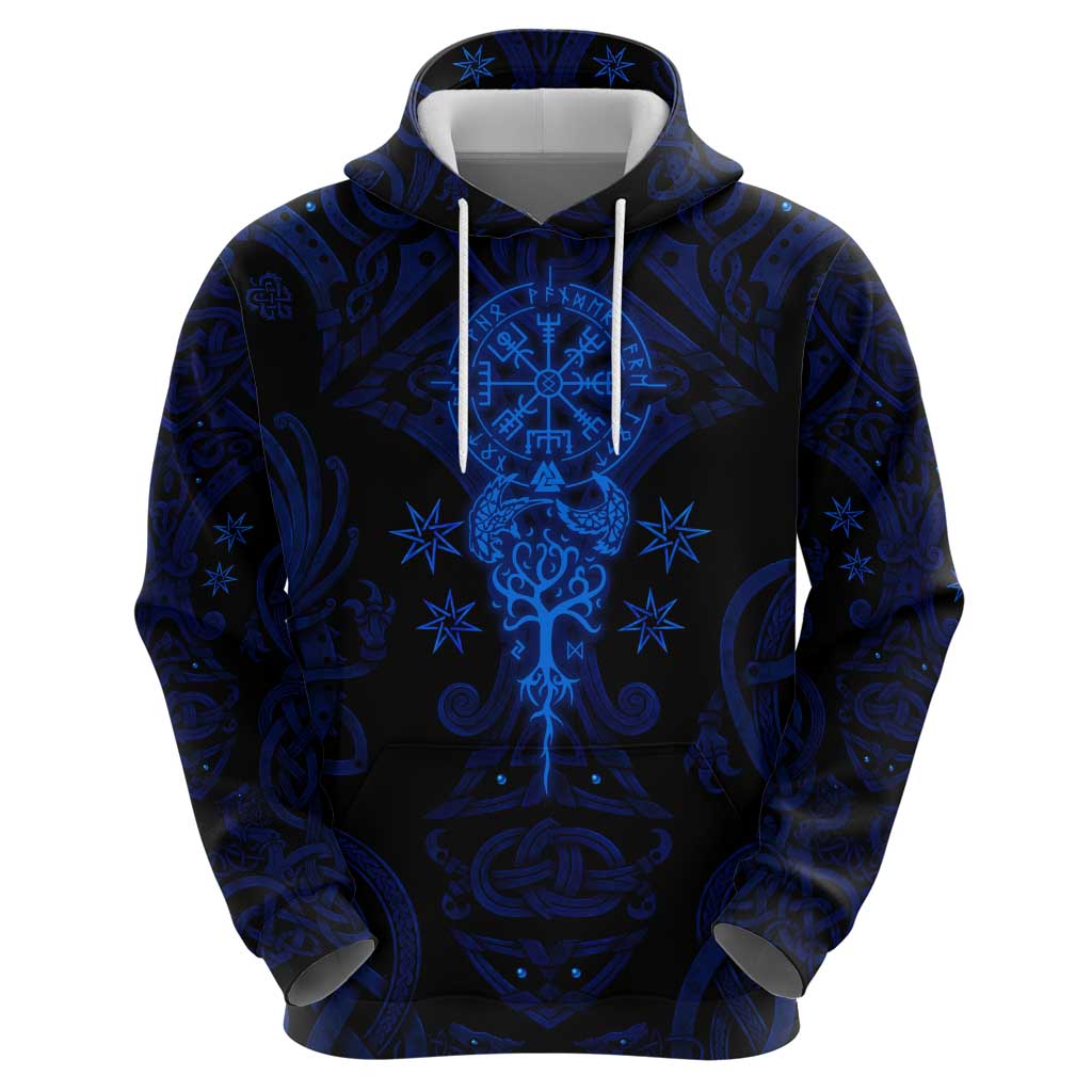 Vikings Skull Zip Hoodie with Horned Helmet, Blue Axes and Runes Norse Warrior Tribute - Wonder Print Shop
