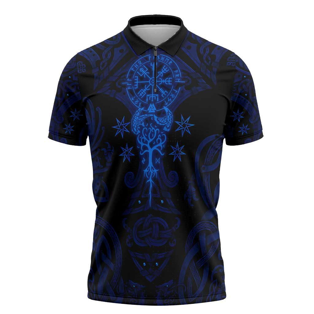 Vikings Skull Zipper Polo Shirt with Horned Helmet, Blue Axes and Runes Norse Warrior Tribute - Wonder Print Shop