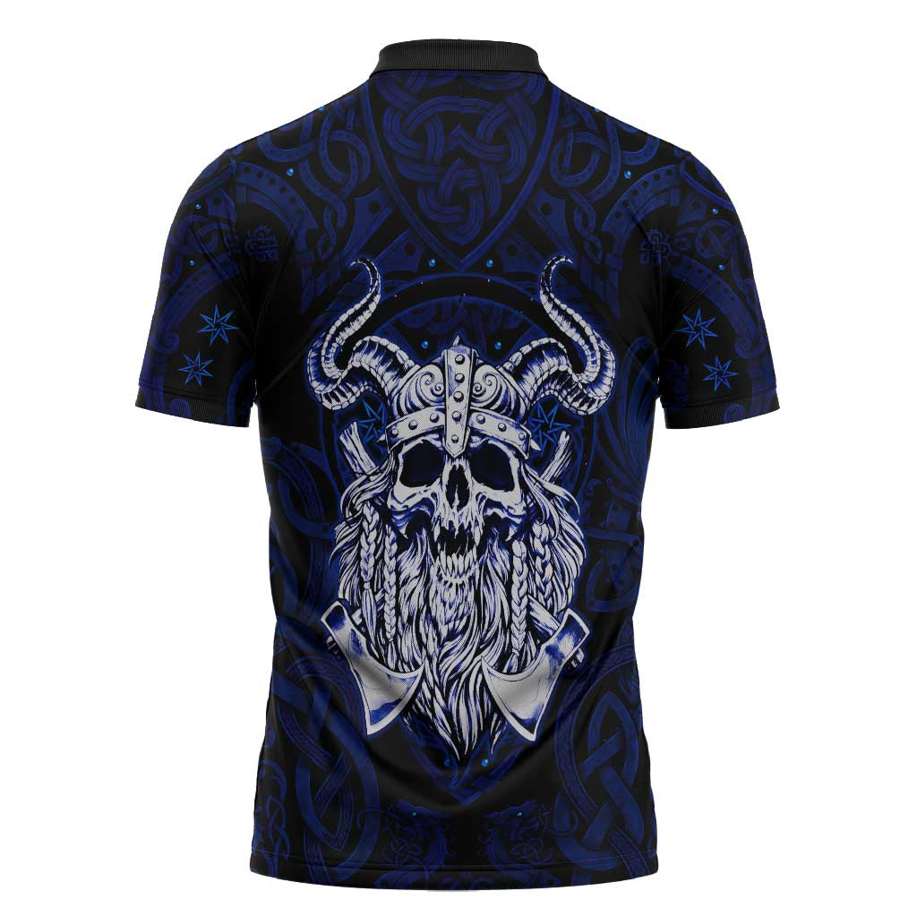 Vikings Skull Zipper Polo Shirt with Horned Helmet, Blue Axes and Runes Norse Warrior Tribute - Wonder Print Shop