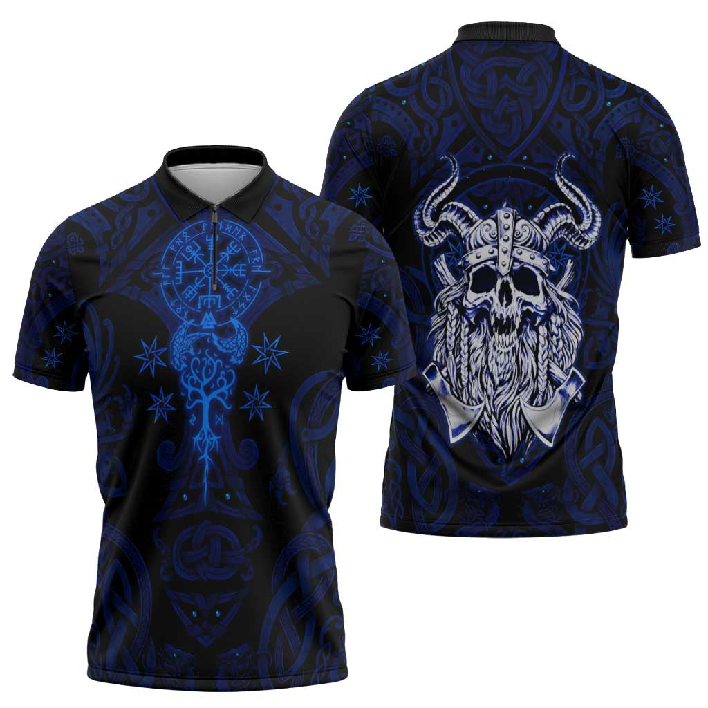 Vikings Skull Zipper Polo Shirt with Horned Helmet, Blue Axes and Runes Norse Warrior Tribute - Wonder Print Shop
