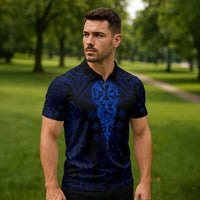 Vikings Skull Zipper Polo Shirt with Horned Helmet, Blue Axes and Runes Norse Warrior Tribute - Wonder Print Shop