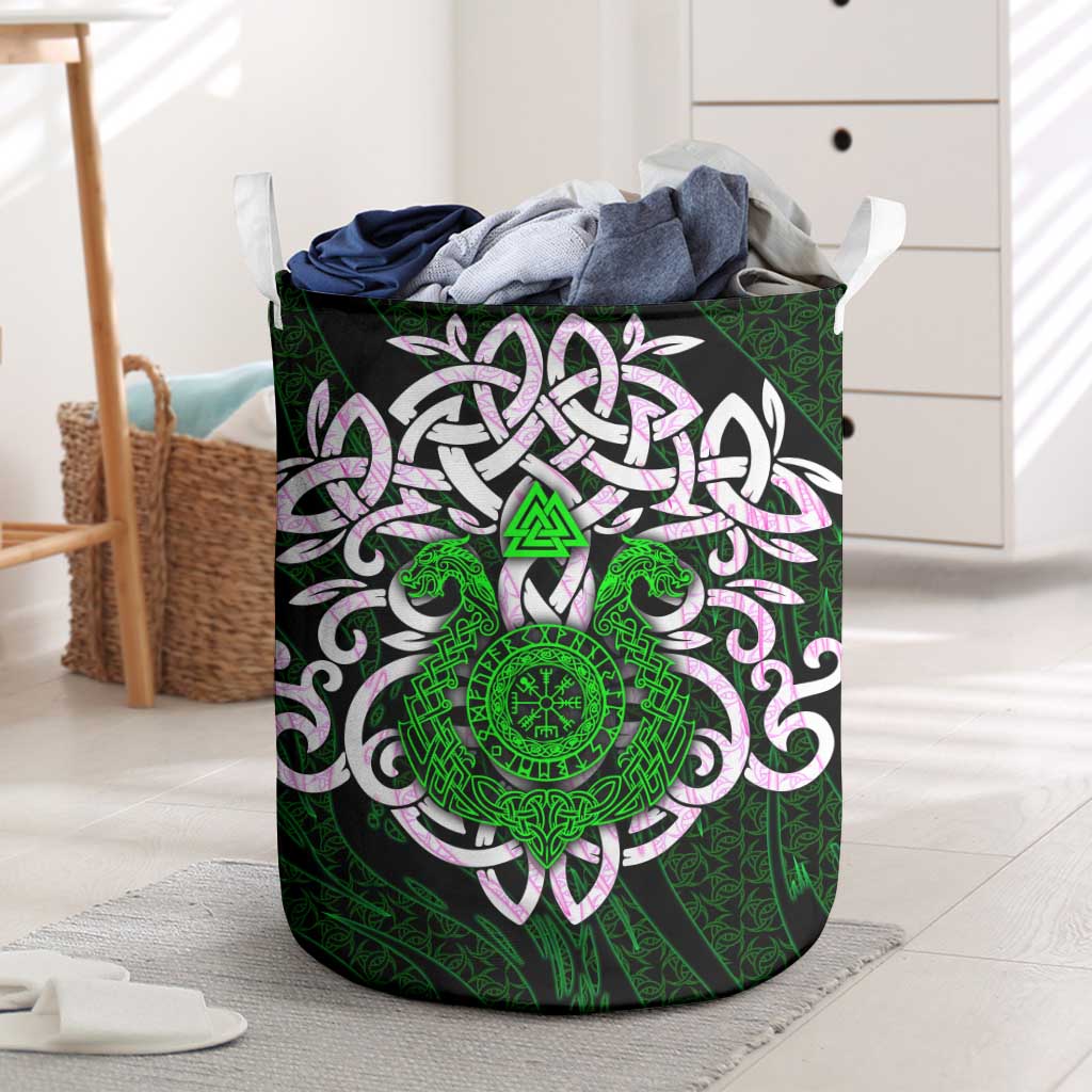 Vegvisir Laundry Basket with Green Dragons and Norse Knots Viking Protection Tribute - Wonder Print Shop