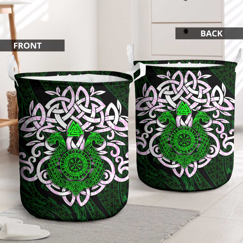 Vegvisir Laundry Basket with Green Dragons and Norse Knots Viking Protection Tribute - Wonder Print Shop