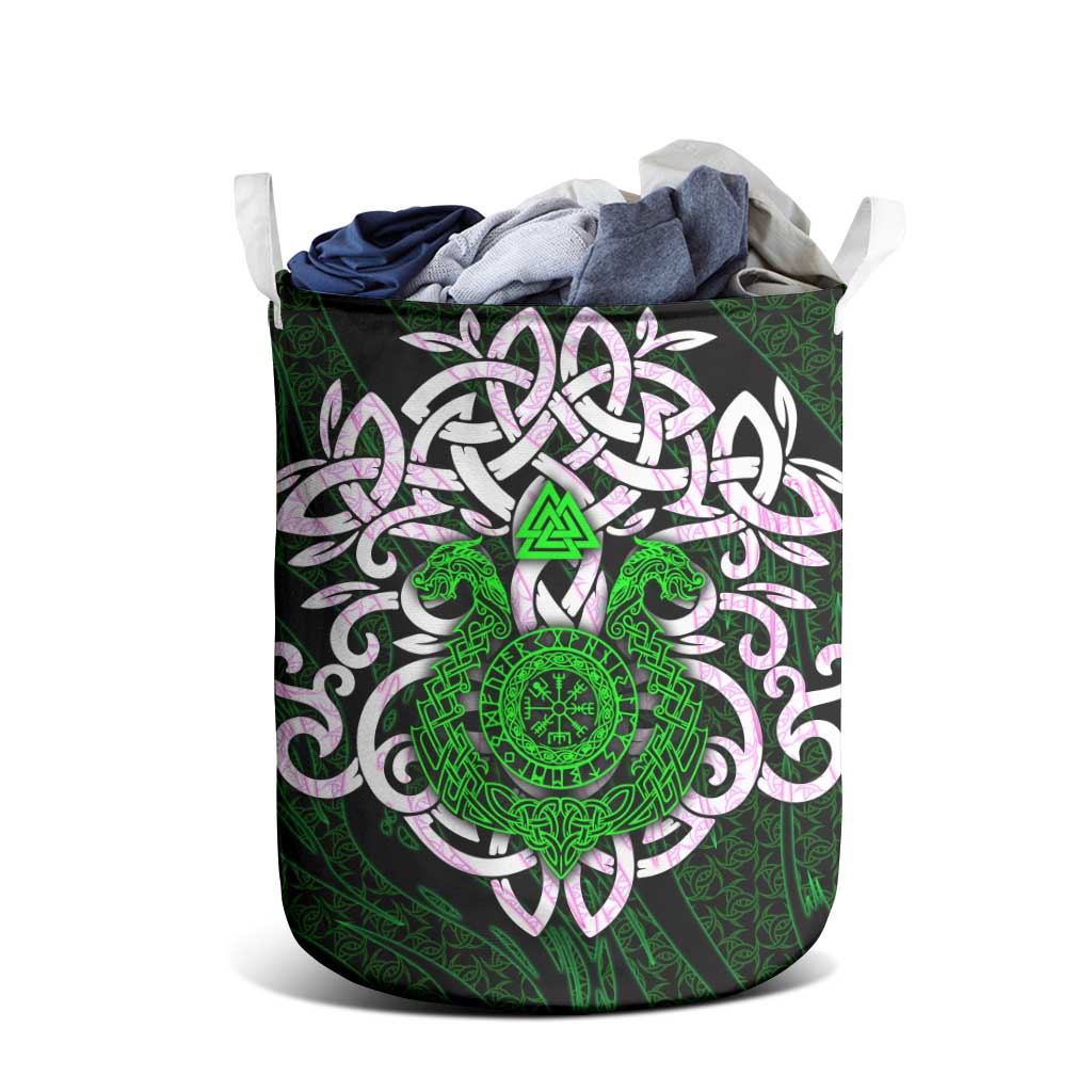 Vegvisir Laundry Basket with Green Dragons and Norse Knots Viking Protection Tribute - Wonder Print Shop