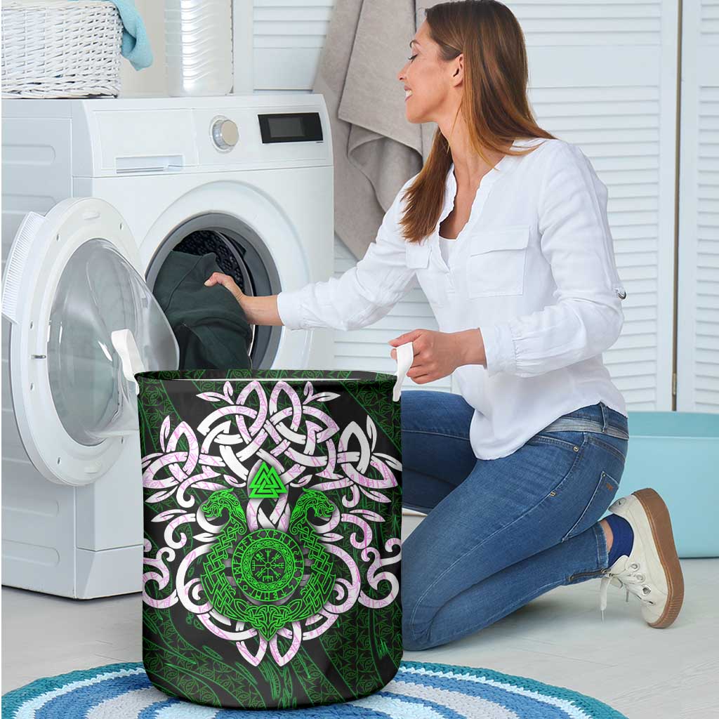 Vegvisir Laundry Basket with Green Dragons and Norse Knots Viking Protection Tribute - Wonder Print Shop
