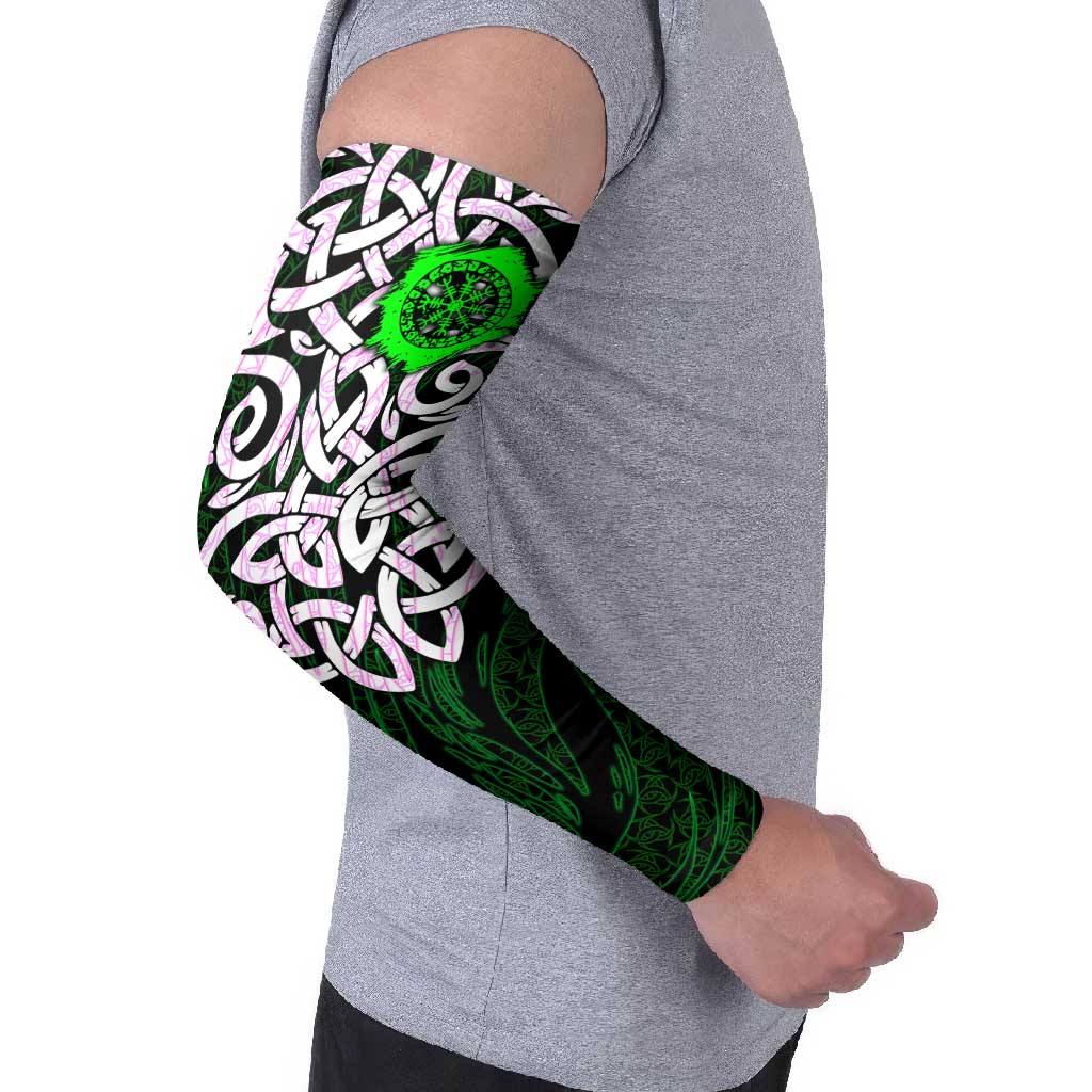 Vegvisir Arm Sleeves with Green Dragons and Norse Knots Viking Protection Tribute - Wonder Print Shop