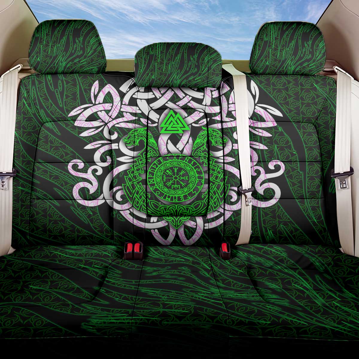 Vegvisir Back Car Seat Cover with Green Dragons and Norse Knots Viking Protection Tribute - Wonder Print Shop