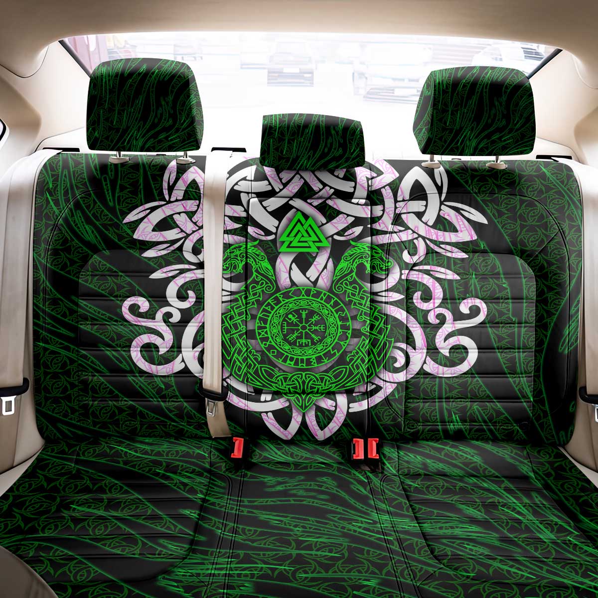 Vegvisir Back Car Seat Cover with Green Dragons and Norse Knots Viking Protection Tribute - Wonder Print Shop