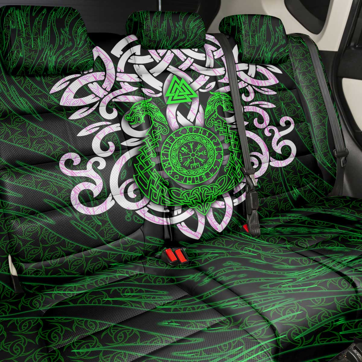 Vegvisir Back Car Seat Cover with Green Dragons and Norse Knots Viking Protection Tribute - Wonder Print Shop
