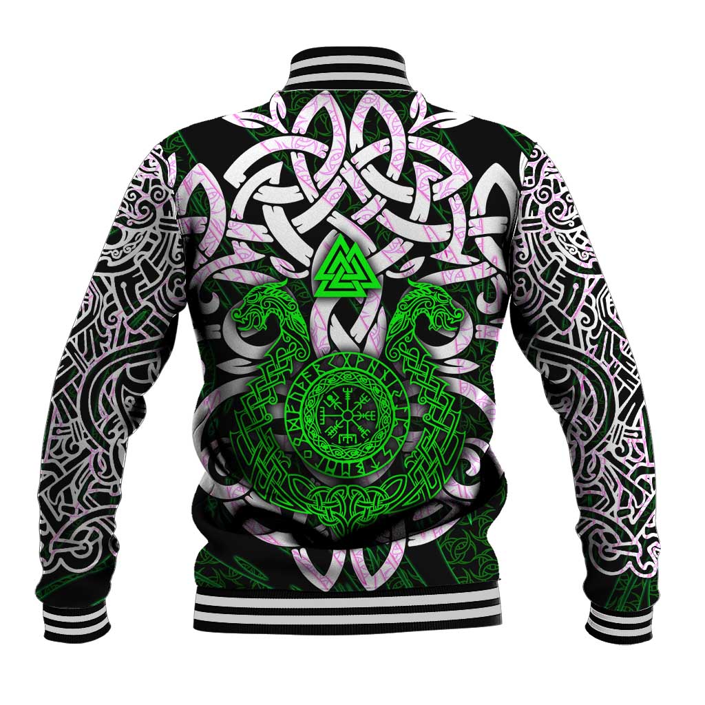 Vegvisir Baseball Jacket with Green Dragons and Norse Knots Viking Protection Tribute - Wonder Print Shop