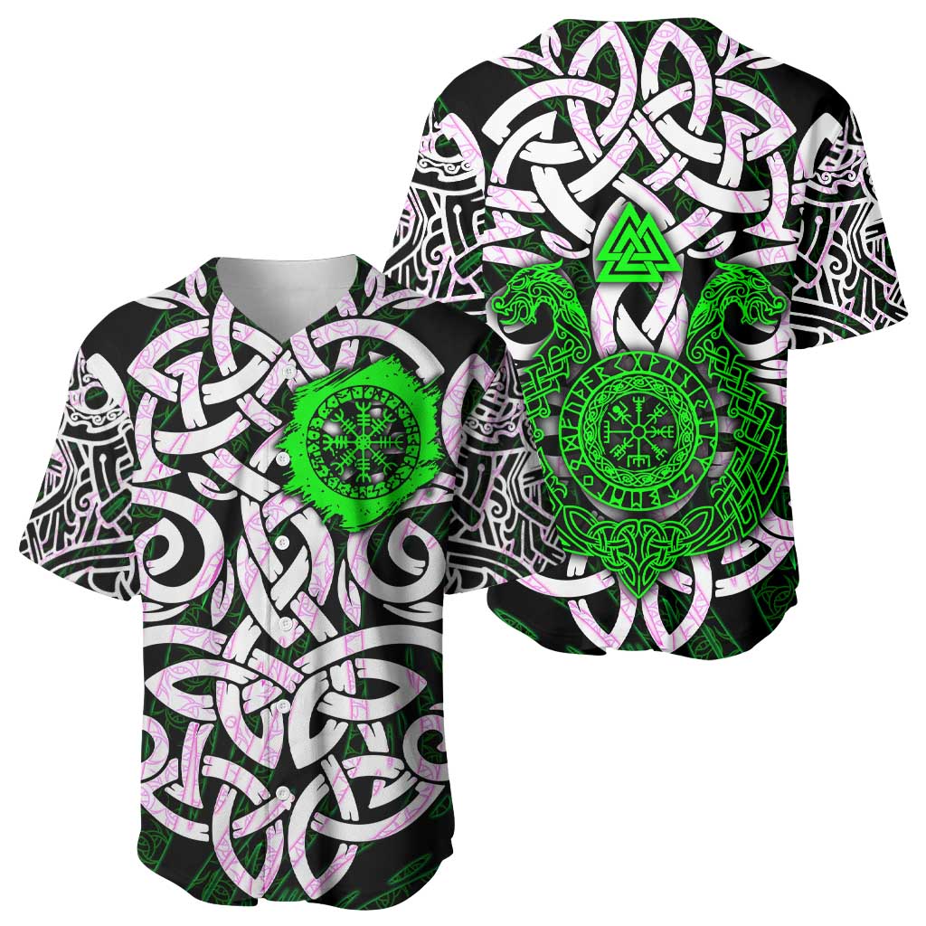 Vegvisir Baseball Jersey with Green Dragons and Norse Knots Viking Protection Tribute - Wonder Print Shop