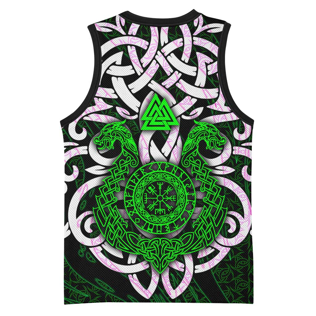 Vegvisir Basketball Jersey with Green Dragons and Norse Knots Viking Protection Tribute - Wonder Print Shop