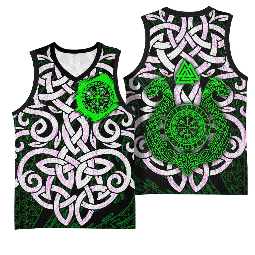 Vegvisir Basketball Jersey with Green Dragons and Norse Knots Viking Protection Tribute - Wonder Print Shop