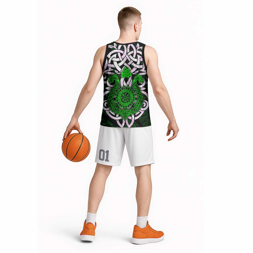 Vegvisir Basketball Jersey with Green Dragons and Norse Knots Viking Protection Tribute - Wonder Print Shop