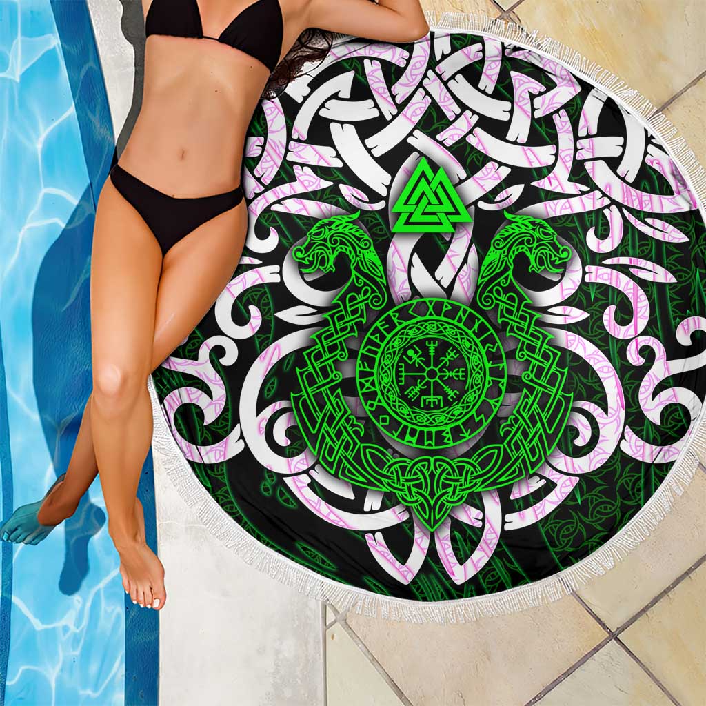 Vegvisir Beach Blanket with Green Dragons and Norse Knots Viking Protection Tribute - Wonder Print Shop
