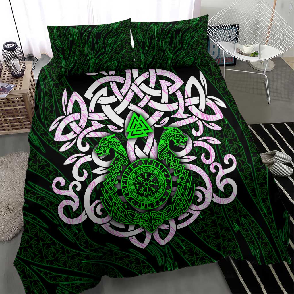Vegvisir Bedding Set with Green Dragons and Norse Knots Viking Protection Tribute - Wonder Print Shop