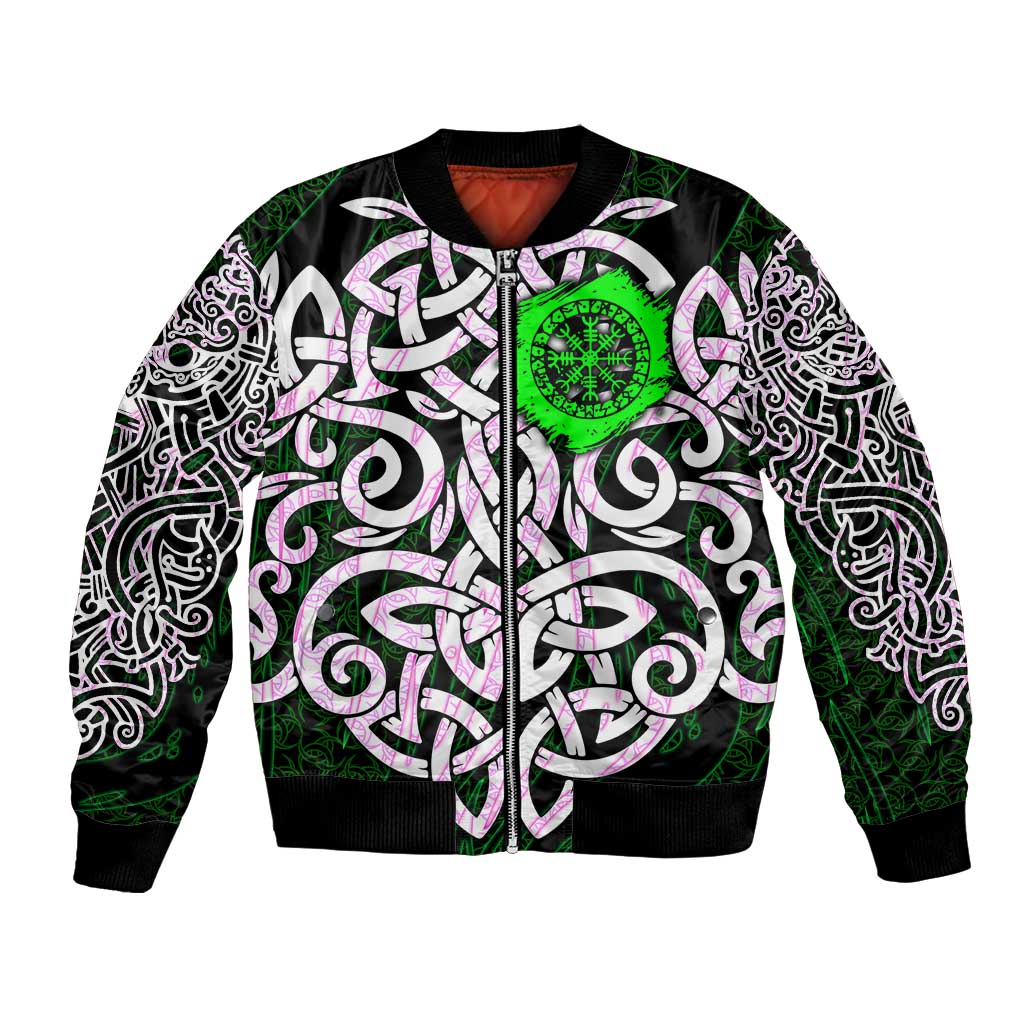 Vegvisir Bomber Jacket with Green Dragons and Norse Knots Viking Protection Tribute - Wonder Print Shop