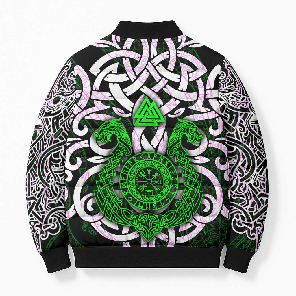 Vegvisir Bomber Puffer Jacket with Green Dragons and Norse Knots Viking Protection Tribute - Wonder Print Shop