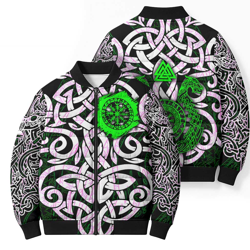 Vegvisir Bomber Puffer Jacket with Green Dragons and Norse Knots Viking Protection Tribute - Wonder Print Shop
