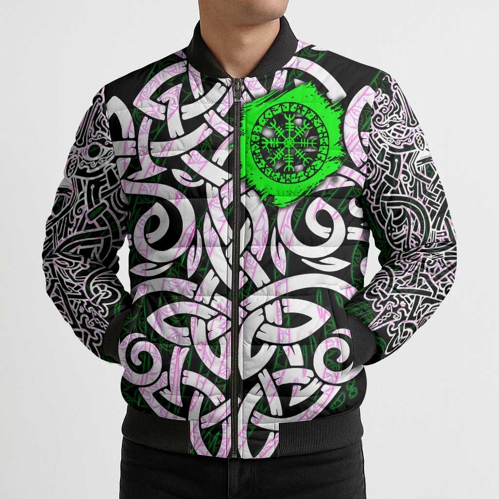 Vegvisir Bomber Puffer Jacket with Green Dragons and Norse Knots Viking Protection Tribute - Wonder Print Shop