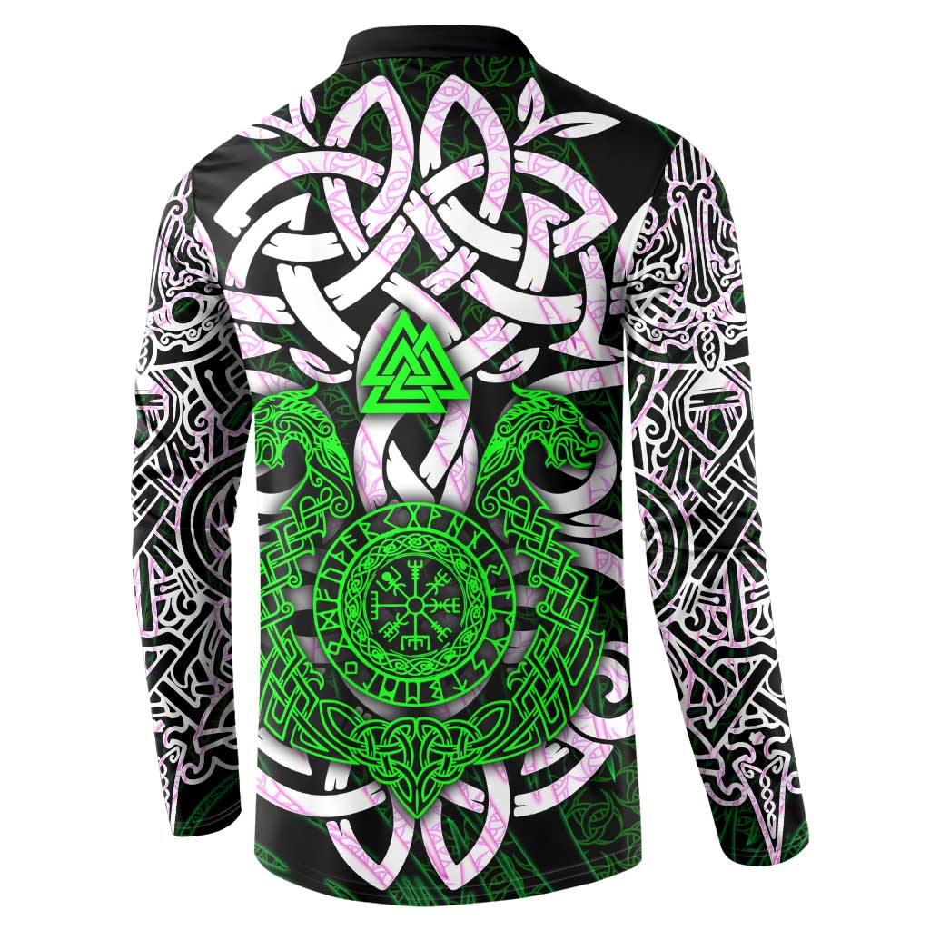 Vegvisir Button Sweatshirt with Green Dragons and Norse Knots Viking Protection Tribute - Wonder Print Shop