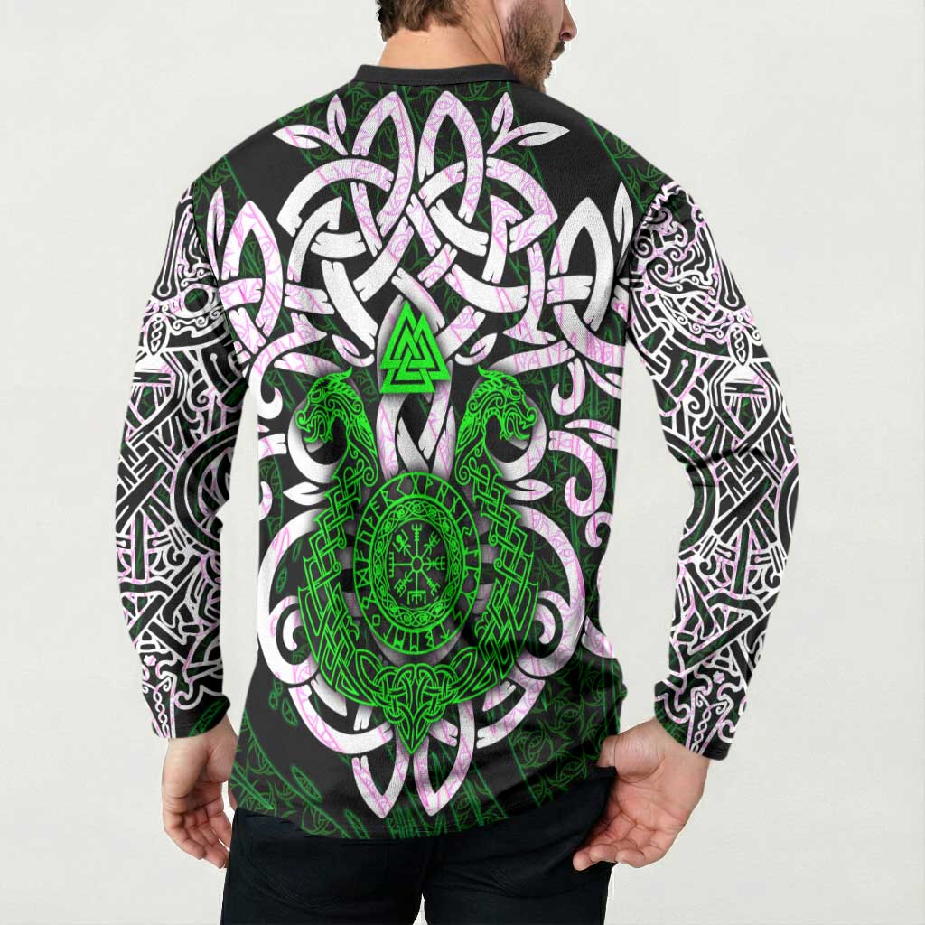 Vegvisir Button Sweatshirt with Green Dragons and Norse Knots Viking Protection Tribute - Wonder Print Shop
