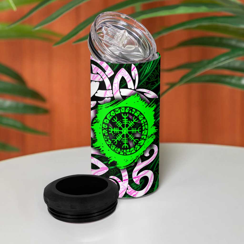 Vegvisir 4 in 1 Can Cooler Tumbler with Green Dragons and Norse Knots Viking Protection Tribute - Wonder Print Shop