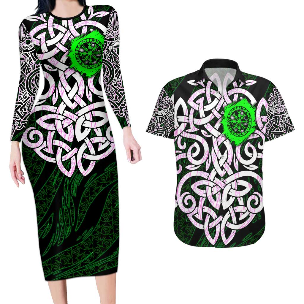 Vegvisir Couples Matching Long Sleeve Bodycon Dress and Hawaiian Shirt with Green Dragons and Norse Knots Viking Protection Tribute - Wonder Print Shop