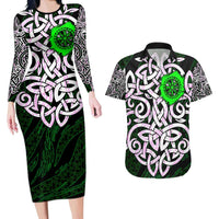 Vegvisir Couples Matching Long Sleeve Bodycon Dress and Hawaiian Shirt with Green Dragons and Norse Knots Viking Protection Tribute - Wonder Print Shop