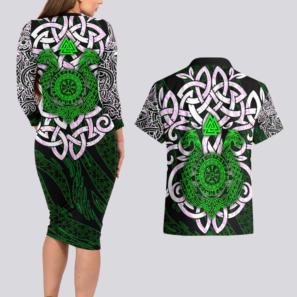 Vegvisir Couples Matching Long Sleeve Bodycon Dress and Hawaiian Shirt with Green Dragons and Norse Knots Viking Protection Tribute - Wonder Print Shop