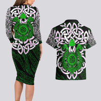 Vegvisir Couples Matching Long Sleeve Bodycon Dress and Hawaiian Shirt with Green Dragons and Norse Knots Viking Protection Tribute - Wonder Print Shop